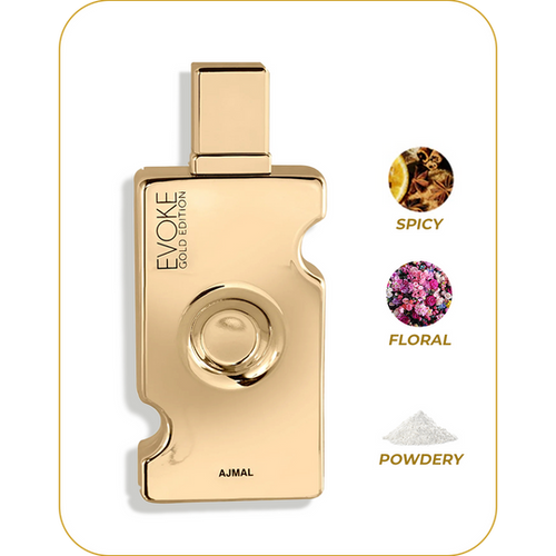 AJMAL Evoke Gold Edition - Perfume para Mujer | Eau de Parfum 75 ml / 2.5 oz | Inspirado en Prada L’Homme | Fragancia Floral, Amaderada y Lujosa